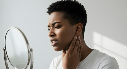 Woman Examining Skin Problem Hand On Neck Mirror Reflection Concerned Expression