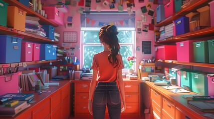 Girl in colorful room looking out window.