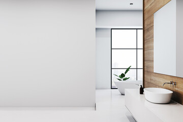 Modern bathroom interior with minimalist design and large window overlooking cityscape. 3D Rendering