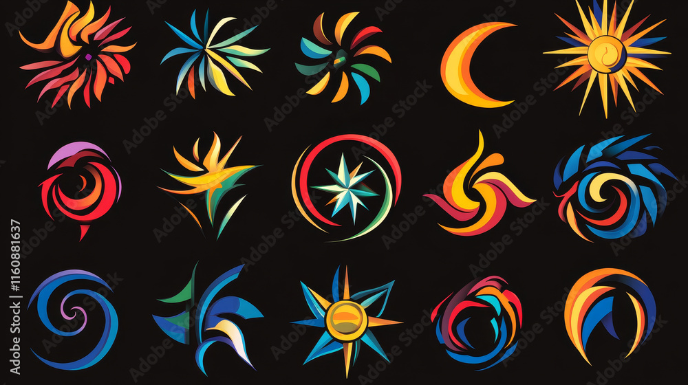 Poster set of different abstract symbols for design - also as emblem or sign or logo template. jpeg version