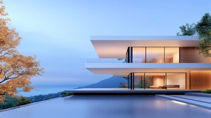 Modern architectural design featuring sleek lines and tranquil setting.