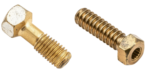 Brass hex bolts with weathered texture and rugged appearance