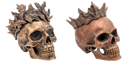 pair of bronze skulls with rugged crowns and aged patina, showcasing intricate details
