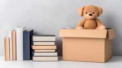 A collection of toys and books in a box to support a children's hospital and local youth programs, set against a clean white background