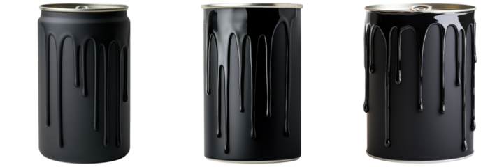 Matte black paint cans with thick dripping lines create striking visual