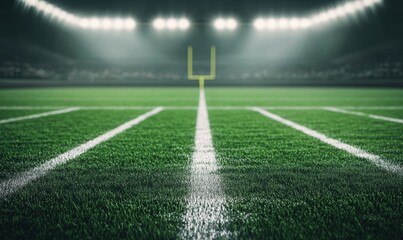 Green Turf and Goal Post on a Football Field at Night Under Lights