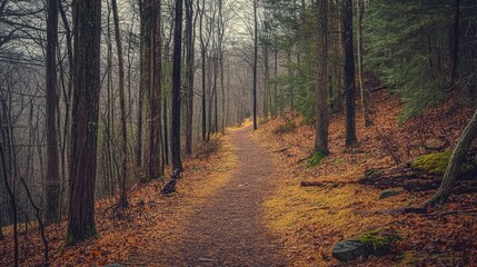 Naklejka premium forest hike, nature trail, wooded path, fresh air, outdoor adventure, green canopy, peaceful walk