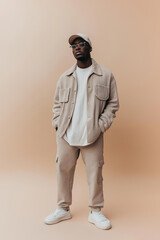 A confident individual wearing stylish neutral-toned outfits standing against a soft beige gradient background, vertical shot minimal composition