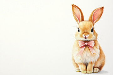 Obraz premium charming illustration of fluffy rabbit with pink bow, exuding warmth and joy. Perfect for spring themes and children decor