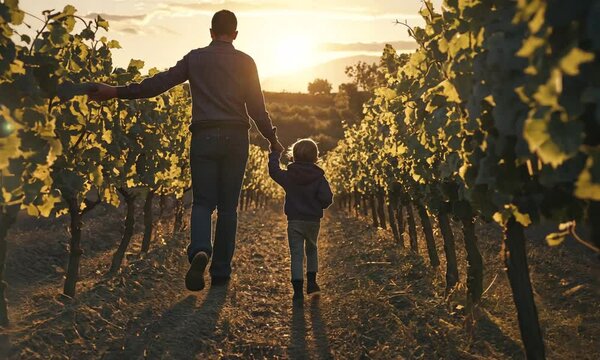 Sunset Stroll Through Vineyards: Father and Son