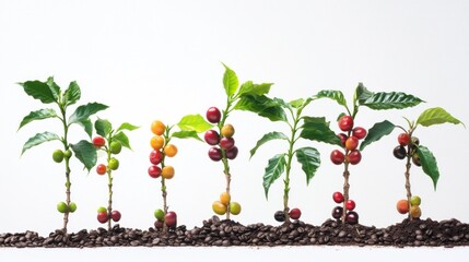 Coffee plant growth stages from seedling to ripe cherries. (1)