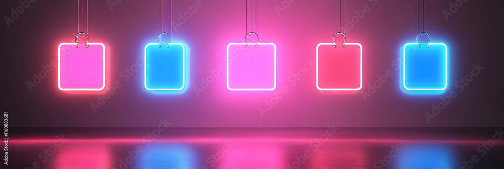 Poster a vibrant display of neon-colored square frames hanging against a dark background, creating an eye-c