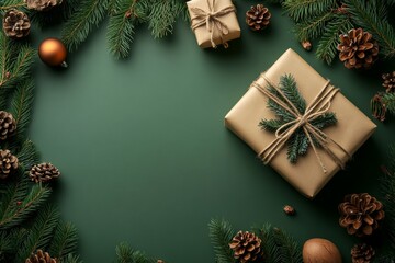Holiday gift arrangement with pine branches and decorative elements on a dark green background