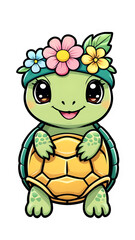Obraz premium Adorable Turtle Sticker with Flower Crown: Kawaii Contour Vector Art on White Background