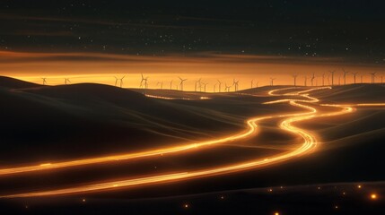 Night landscape with winding road and wind turbines.