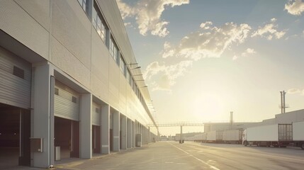 Obraz premium Modern warehouse facility at sunset. Exterior view of industrial building with loading docks and trucks.