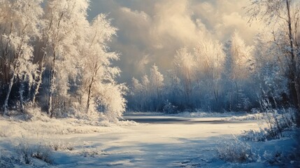 frozen winter, icy landscape, snow-covered ground, chilly atmosphere, frosty trees, winter chill