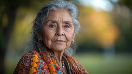 Thinking elderly Mexican woman sitting in a park. Senior female with mental health concerns. Sadness, longing, depressed with a blurry background