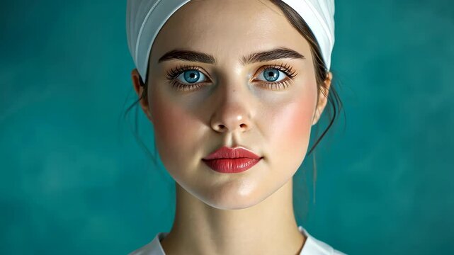 Confident and professional young female nurse woman medical professional in a close up portrait wearing a pristine white uniform