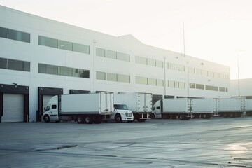 Several white delivery trucks parked outside a large white warehouse.