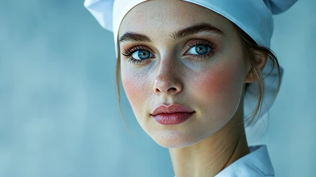 Confident and professional young female nurse woman medical professional in a close up portrait wearing a pristine white uniform