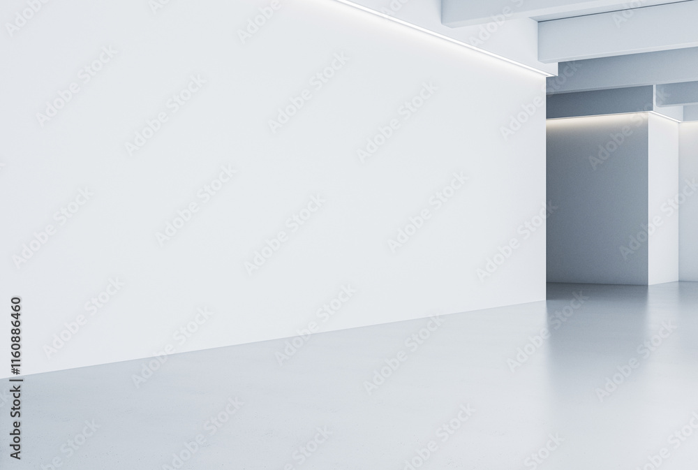 Poster Minimalistic white gallery interior with blank walls and clean floor, illuminated by soft light from ceiling beams. 3D Rendering
