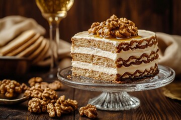 Matzo cake with glass kiddush cup and walnuts. Passover holiday. with generative ai