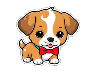 Kawaii Contour Puppy Sticker with Bowtie on White Background