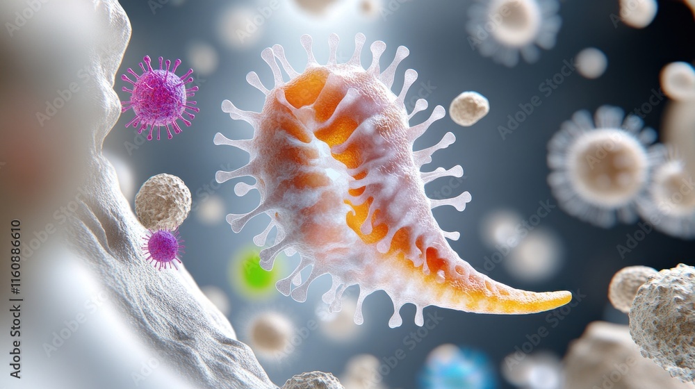 Poster microscopic view of a virus interacting with other microorganisms.