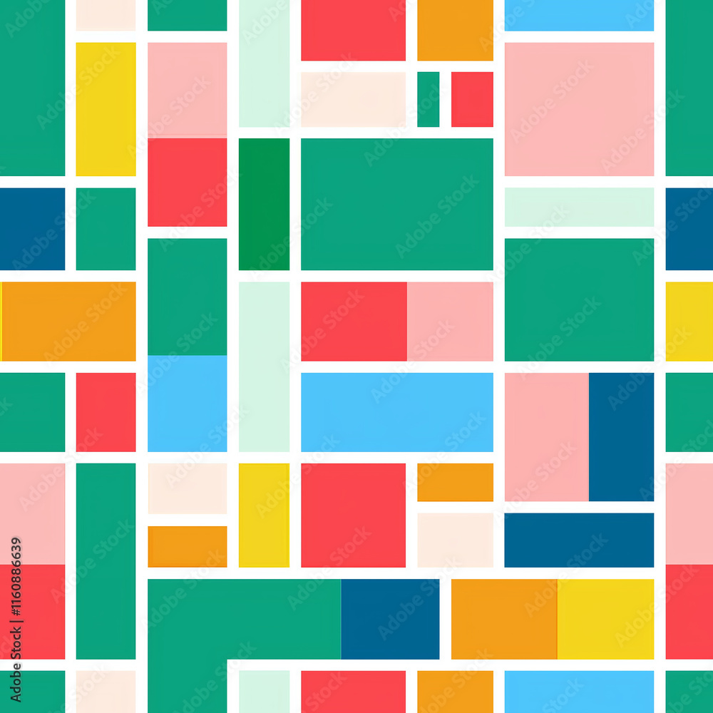 Poster colorful geometric abstract pattern featuring various blocks in vibrant hues, creating a lively and 