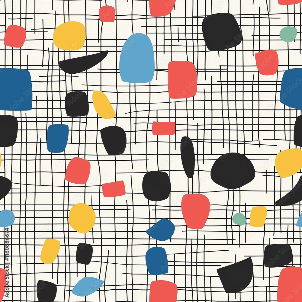 Poster abstract geometric pattern with colorful shapes on a textured background, featuring a mix of vibrant