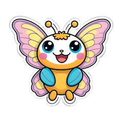 Stunning Kawaii Happy Butterfly Sticker with Pastel Wings on White Vector Contour Background