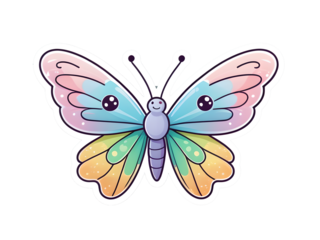 Kawaii Happy Butterfly Sticker with Pastel Wings on White Background