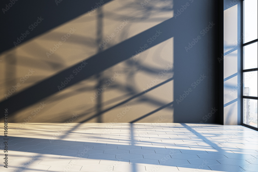 Poster Sunlit room with geometric floor tiles and large windows casting shadows on a plain wall. 3D Rendering