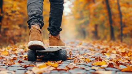 Person Riding Skateboard Through Autumn Foliage on a Pathway