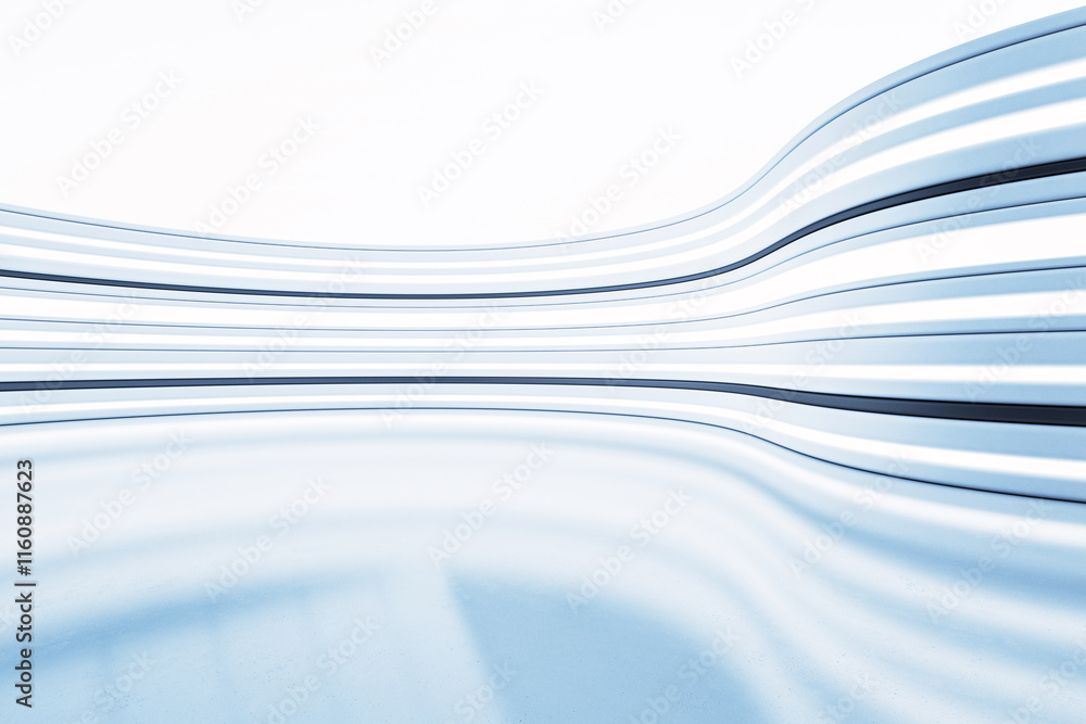 Poster abstract curved white and blue interior with flowing horizontal lines and bright lighting. 3d render