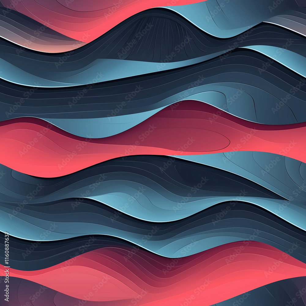 Poster abstract wavy pattern in shades of red, blue, and black, creating a dynamic and modern design suitab