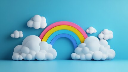 Colorful Rainbow and Fluffy Clouds in a Pastel Sky. Whimsical and Playful 3D Illustration.