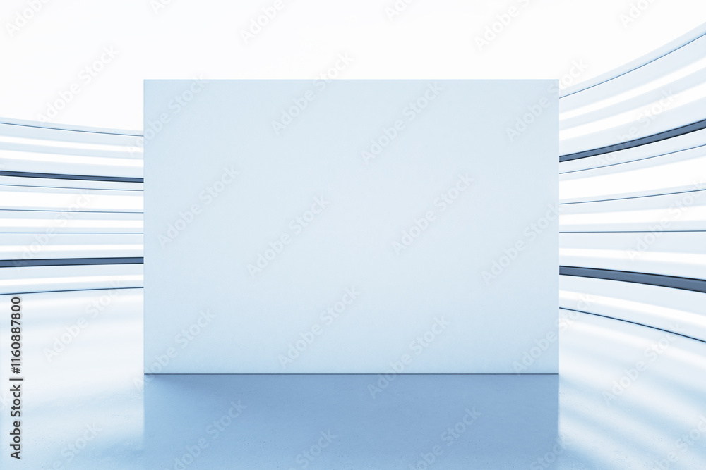 Poster modern abstract gallery space with a blank white display in curved light-filled interior design. 3d 