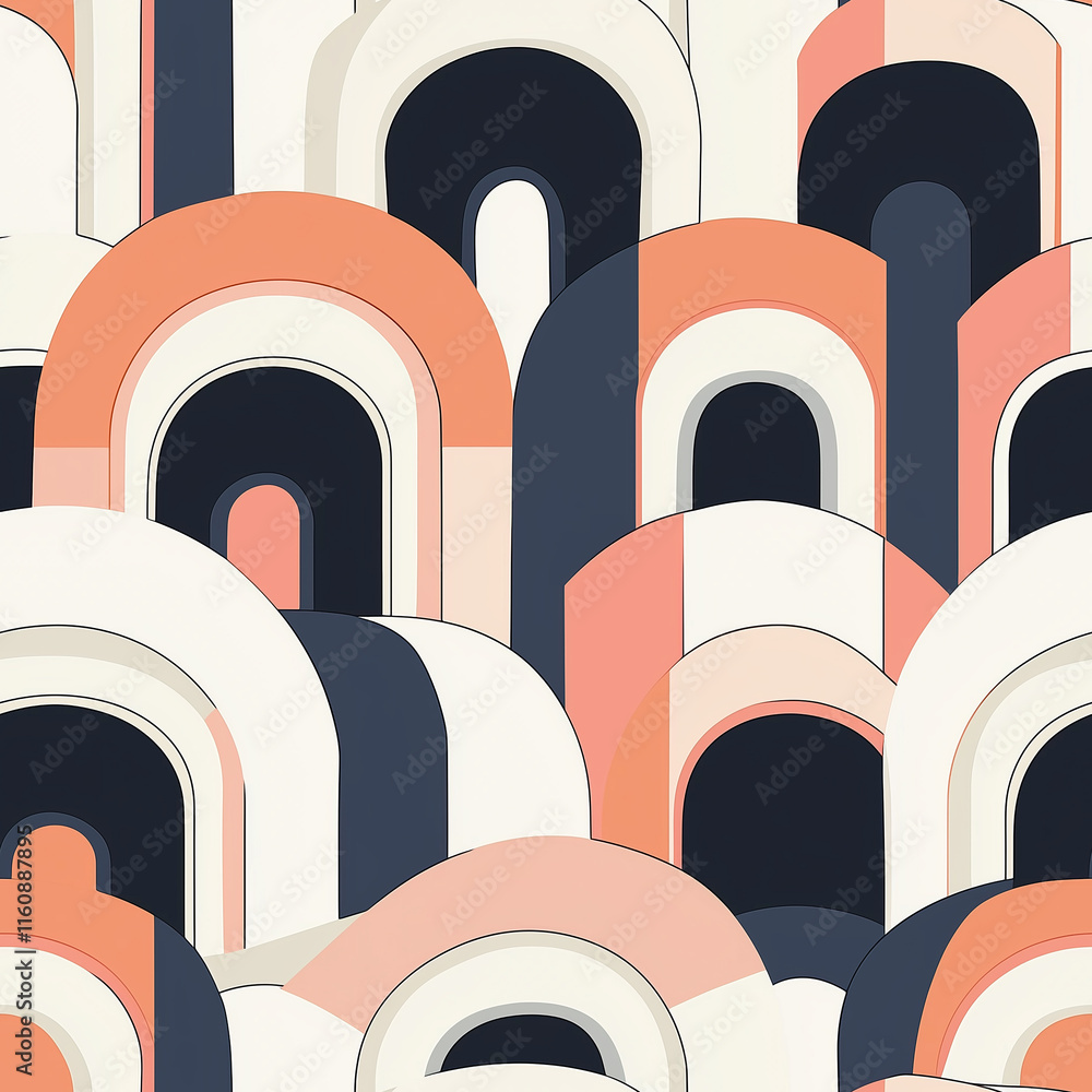 Poster colorful abstract pattern featuring layered arches in varying sizes and hues, creating a visually st