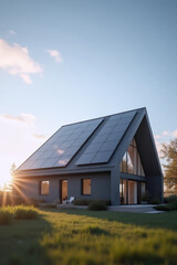 Obraz premium Sustainable Modern Home: Solar Panels on A-Frame House at Sunset 