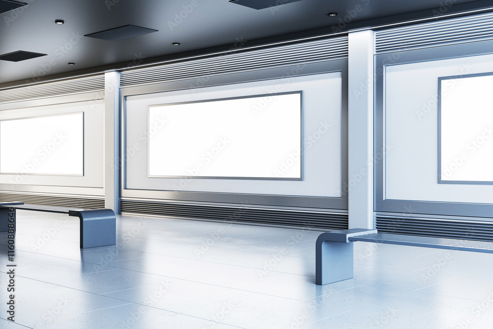 Poster Modern gallery interior with blank display frames and metallic benches in a clean, bright room with tiled flooring and light walls. 3D Rendering