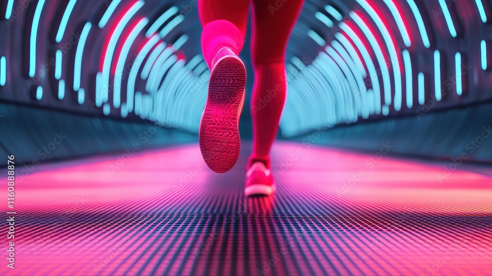 Poster dynamic athlete running in neon lighted tunnel with motion blur