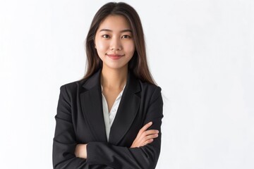 Smiling Asian businesswoman posing confidently on white background.