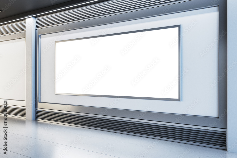 Poster blank white display board on a modern wall in a clean interior gallery room, surrounded by metallic 