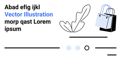 Black shopping bags, abstract leaf, simple geometric shapes, and placeholder text. Ideal for e-commerce, nature, minimalism, modern art, marketing, branding, web design, landing page