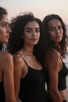 Sun-Kissed Sisters: Three beautiful women with captivating gazes, tanned skin, and flowing dark hair, radiate confidence and sisterhood against the backdrop of a golden sunset.  
