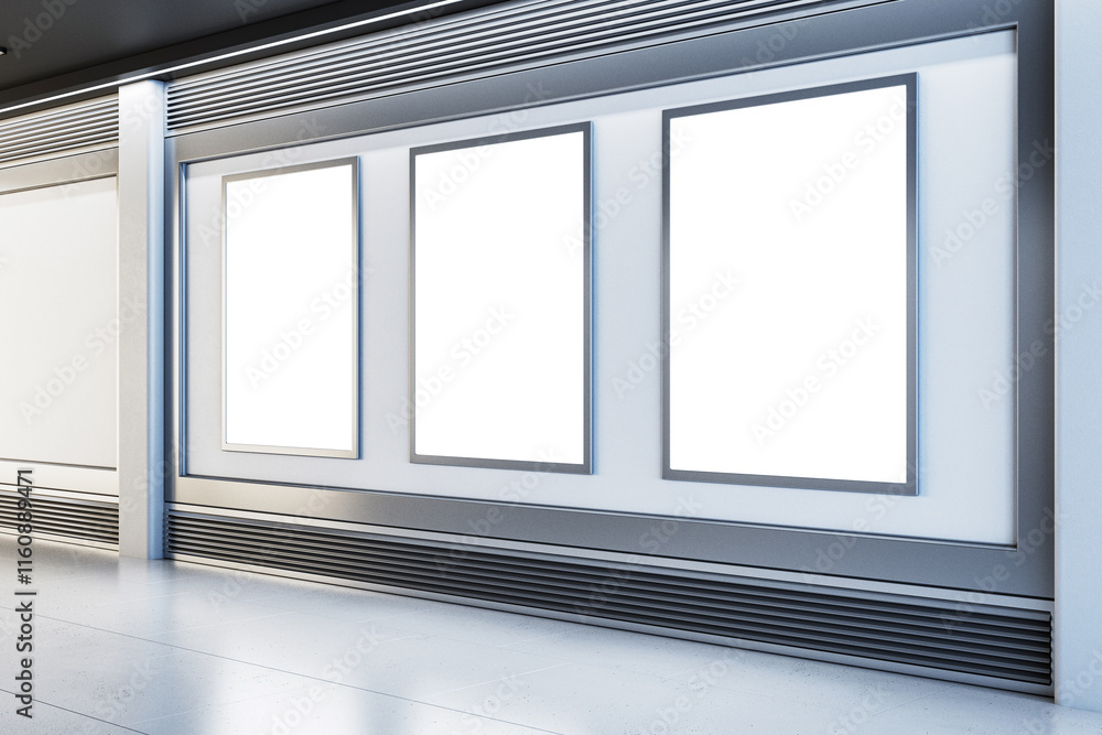 Poster Modern gallery interior with blank display frames on a clean wall. 3D Rendering