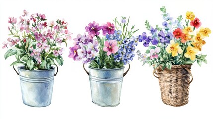 Naklejka premium Watercolor Bouquet of Flowers in Pots and Baskets - Vibrant Floral Arrangement