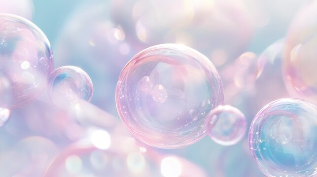 Soft pastel bubbles float gracefully, reflecting light, creating